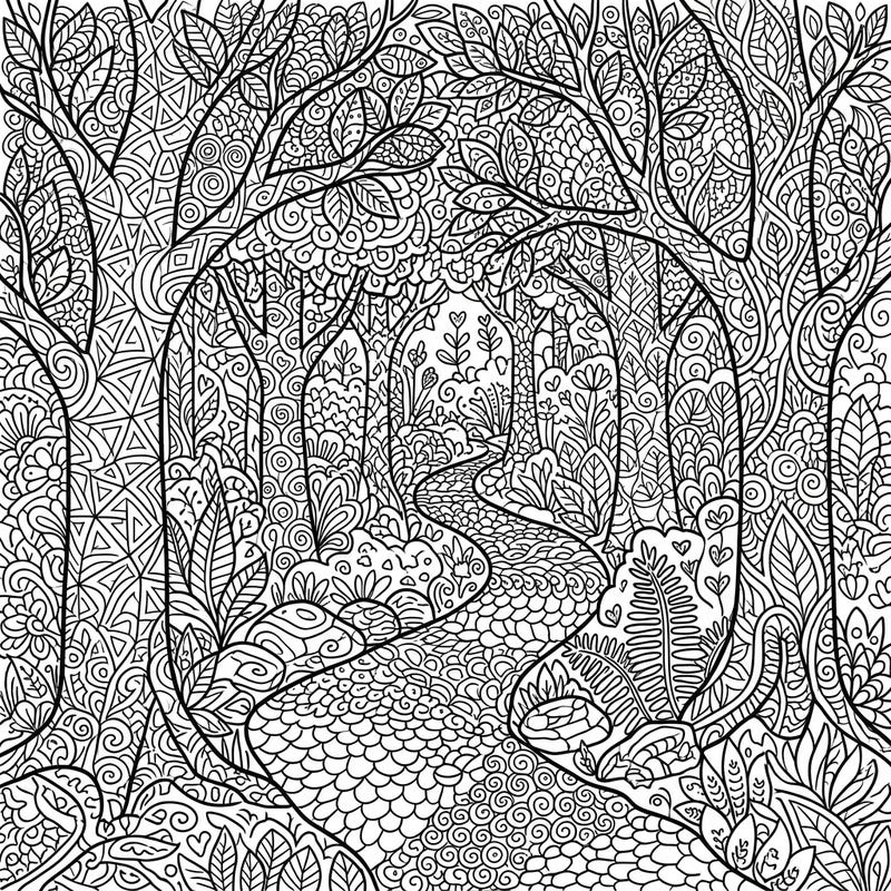 Embark on a captivating artistic adventure with this intricate Zentangle Forest Path coloring page. Lose yourself in the mesmerizing patterns of trees and foliage, perfect for mindful relaxation and creative expression.