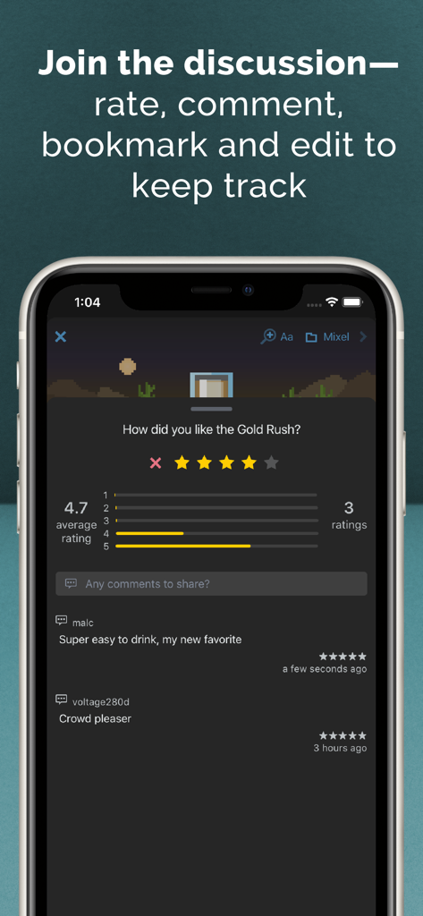 Screenshot of the Mixel app community section showing recipe ratings and user comments for a cocktail