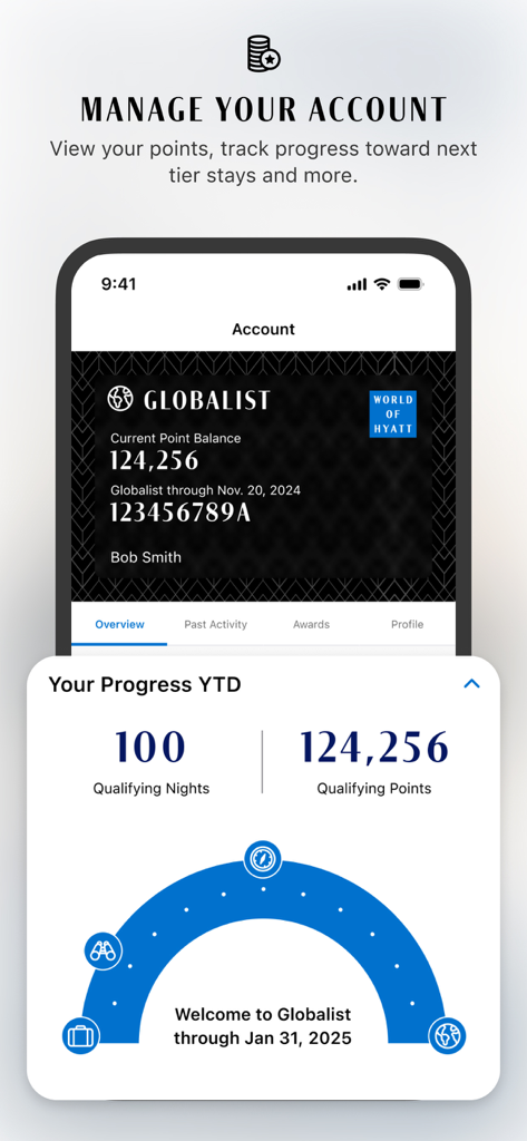 World of Hyatt: Book Hotels - World of Hyattアプリのアカウントダッシュボード、会員ロイヤルティステータスとポイント残高を表示
