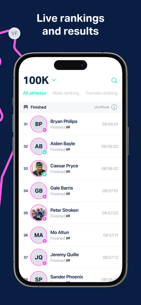 Ultrahélike - Smartphone screen displaying the Ultrahelike app with live race rankings and athlete results for a 100K event