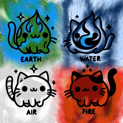 4 cats that represent the different elements, earth, water, air, and fire