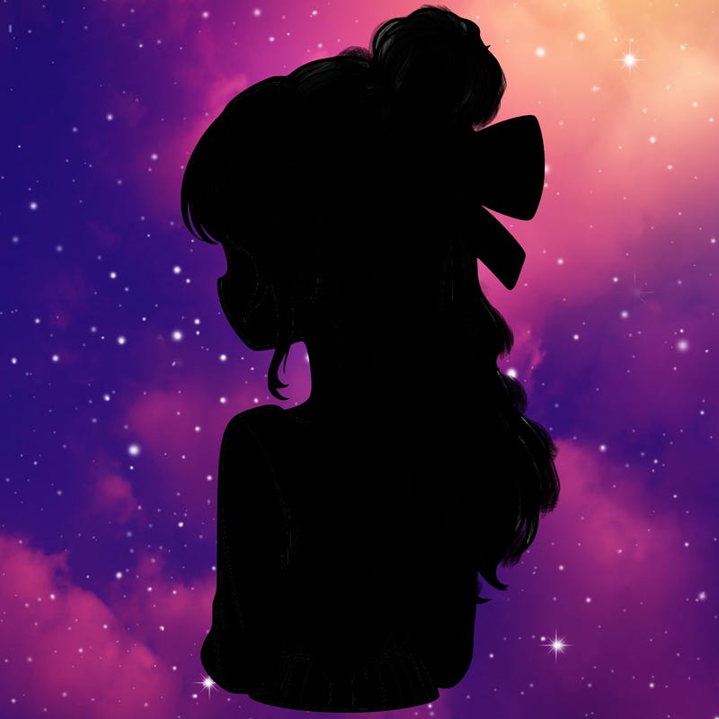 realistic girl  with hip length hair a bun and a big bow on the back of head