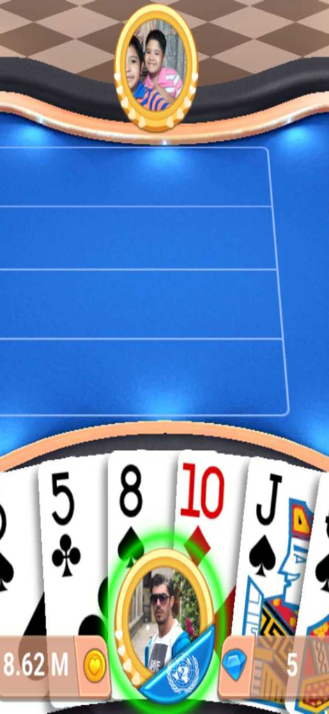 A gameplay screen from the Rummy Plus mobile app showing a blue card table player avatars and a hand of playing cards