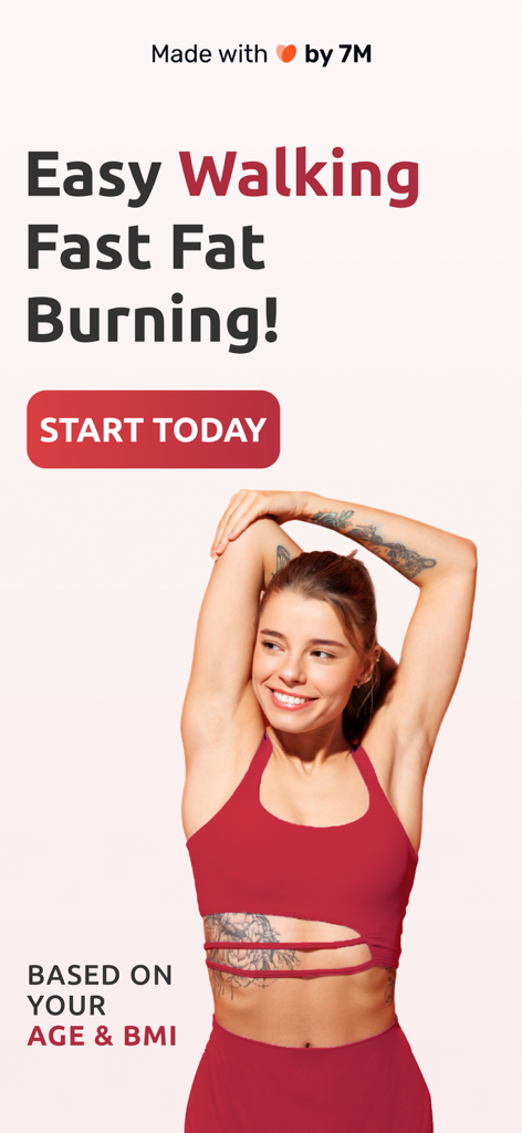 Walking Weight Loss: Walk Pal - A woman in a red sports bra stretching with text describing easy walking for fast fat burning