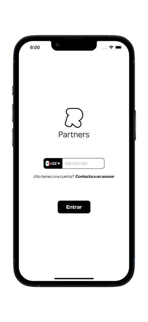 Reservándonos Partners - Login screen for the Reservandonos Partners mobile app showing a phone number input field and a login button.