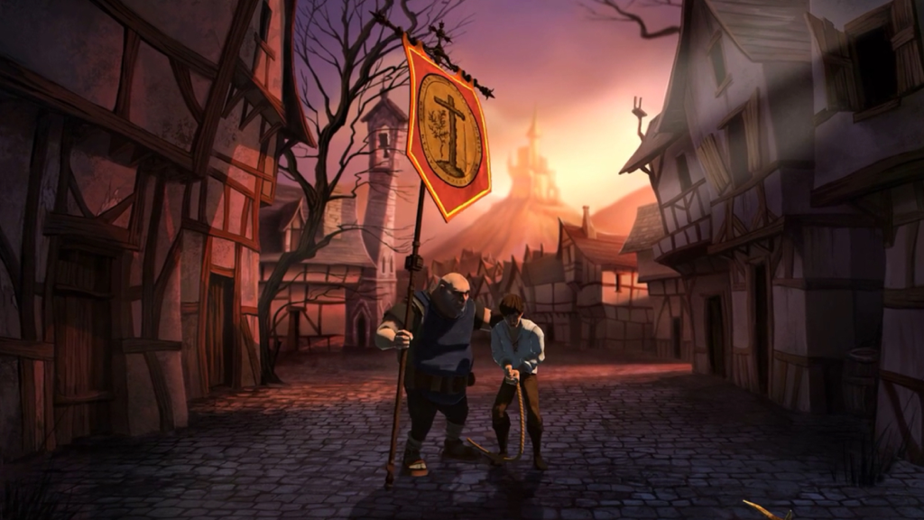 Yesterday Origins - Una captura de pantalla cinematográfica de John Yesterday siendo guiado por una calle medieval por un inquisidor al atardecer.