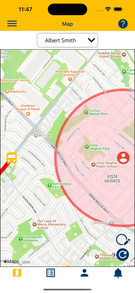 Real time map in the Chipmunk app showing a school bus location and child pickup zone