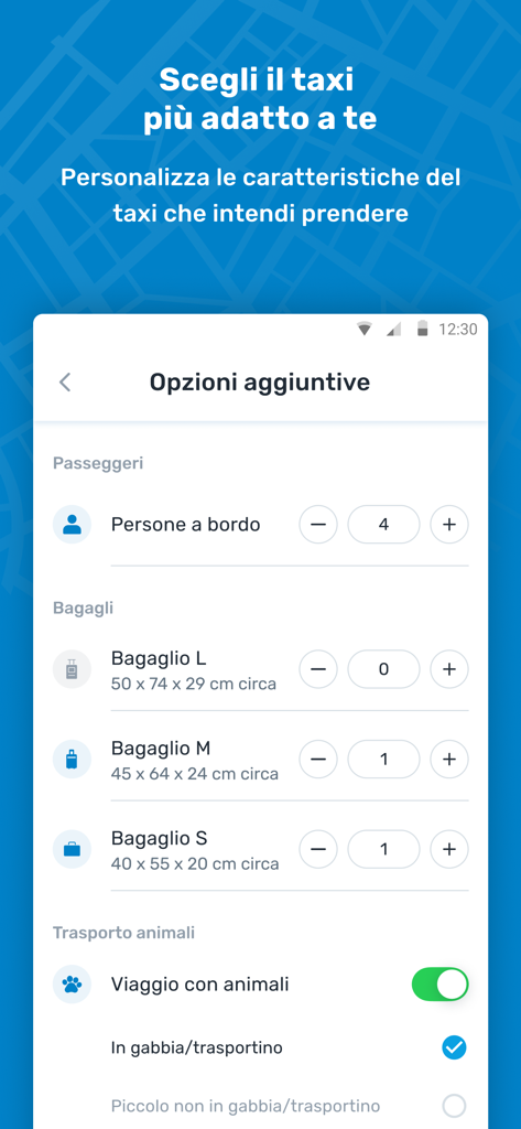 itTaxi - Captura de tela do aplicativo itTaxi mostrando opções para personalizar uma corrida de táxi com número de passageiros, tamanhos de bagagem e seleção de transporte de animais de estimação.