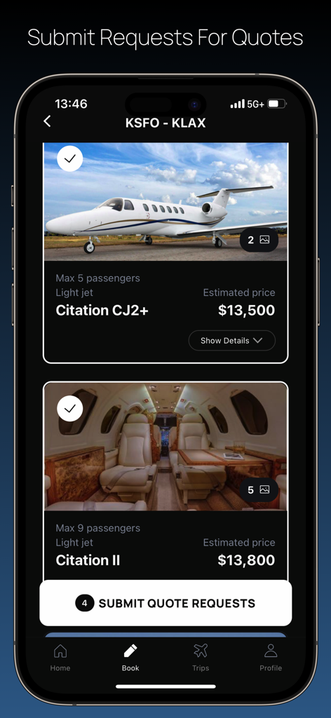 CharterGPT - CharterGPT app screen showing private jet options and prices for a flight between San Francisco and Los Angeles.
