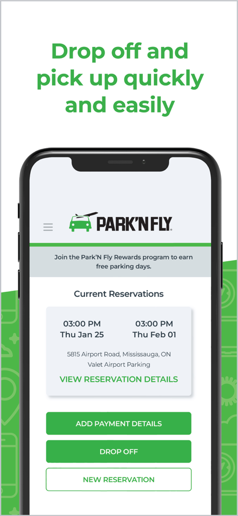 Park’N Fly Canada - Park’N Fly Canada mobile app interface showing airport parking reservation details and quick action buttons for drop off and payments.