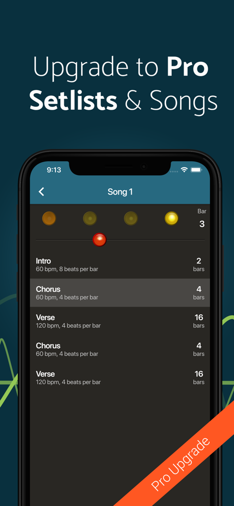 Metronome Beats Pro app screen showing a setlist with song sections like intro, chorus, and verse each with different BPM and bar counts.