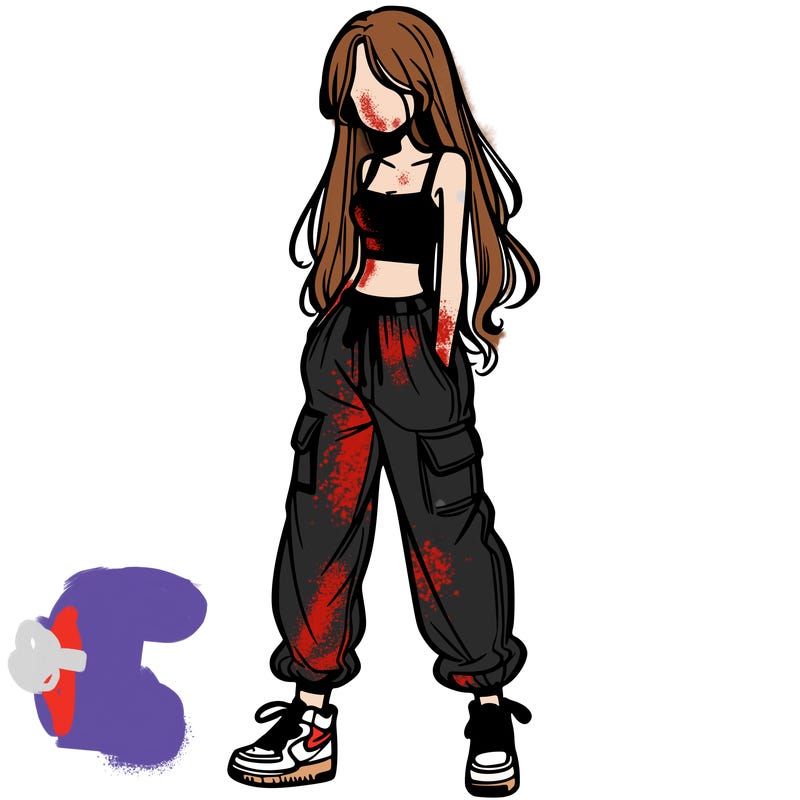 girl in baggy pants crop top and long hair