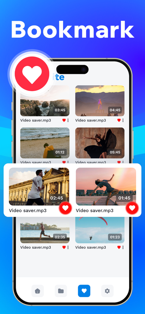 Video Downloader : Download - Smartphone showing the bookmark feature of the Video Downloader app with a library of saved videos