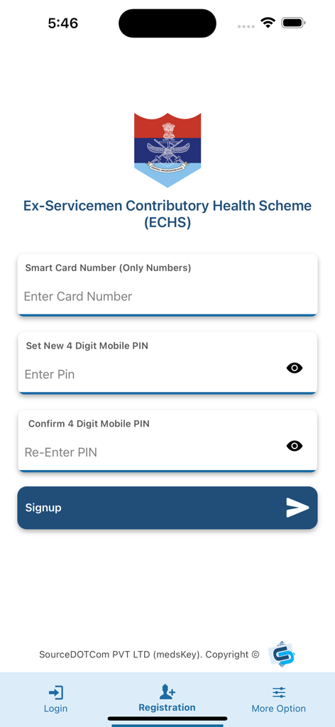 Registration page for the ECHS Beneficiary app requiring a smart card number and PIN