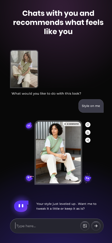 Glance - Shop with AI - AI fashion stylist chat in the Glance app showing a personalized outfit recommendation with the user as the model