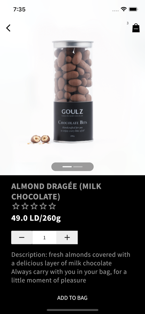 GOULZ app product page for milk chocolate almond dragee