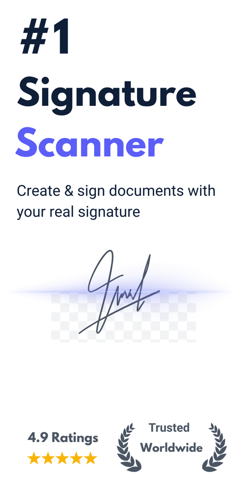 手書き署名と高いユーザー評価を特徴とするSignature Scannerアプリのプロモーション画面