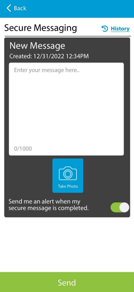 1st National Bank - Secure messaging interface of the 1st National Bank mobile app allowing users to send messages and attach photos