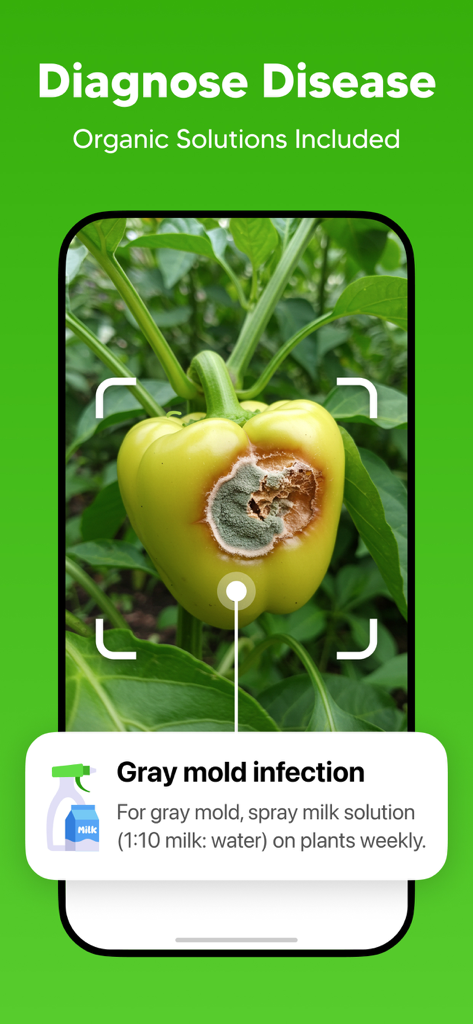 GrowIt: Garden Planner - Pantalla de smartphone que muestra la aplicación GrowIt diagnosticando moho gris en un pimiento con consejos de tratamiento orgánico