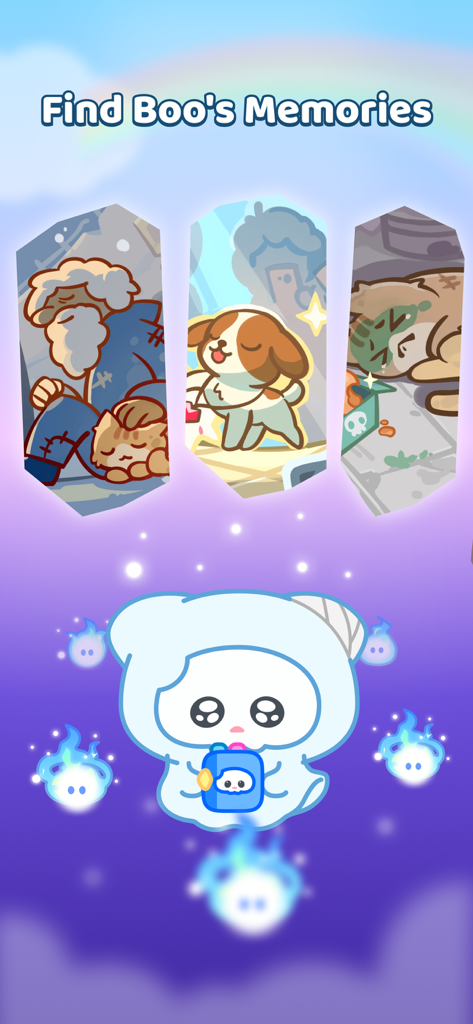 Adoraboo game screen with a cute ghost character and past life memory illustrations of pets