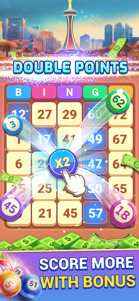 Tablero de juego de bingo con multiplicador de puntos dobles y recompensas en efectivo