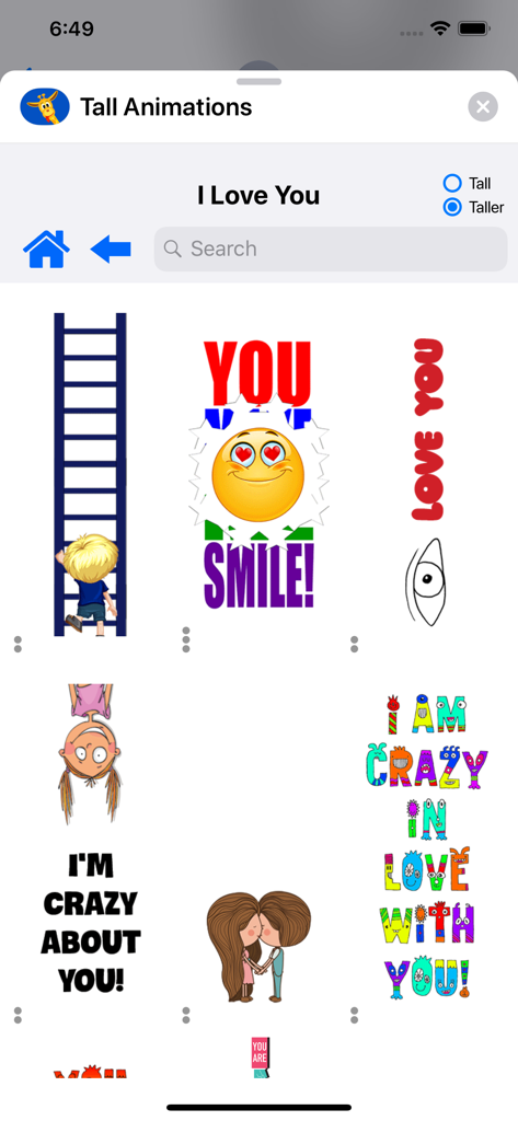 CLIPish Tall Animations - Una variedad de animaciones verticales altas para iMessage de la aplicación CLIPish que muestran stickers románticos