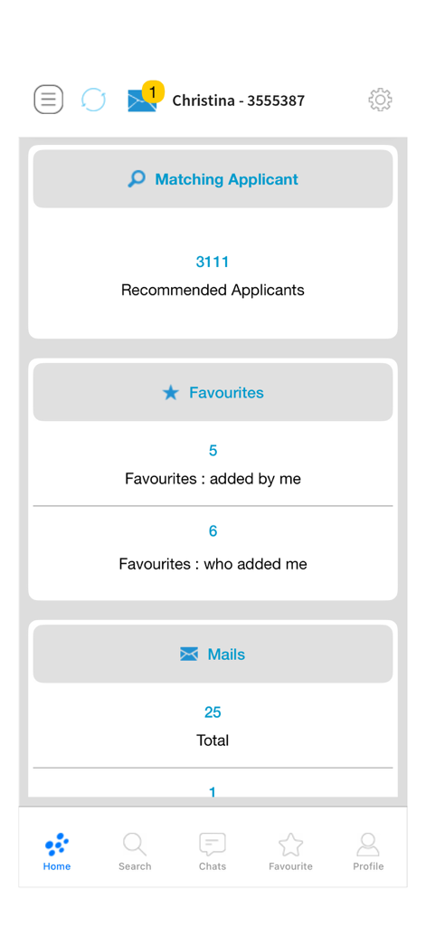 AuPair.com - AuPair app home screen showing recommended applicants favorites and message counts