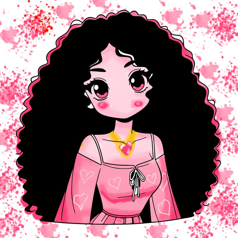 a black anime girl with long afro hair