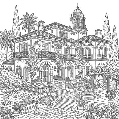 Immerse yourself in the beauty of Mediterranean architecture with this stunning coloring page. Featuring a grand mansion, intricate details, and lush surroundings, it's perfect for a relaxing creative escape.