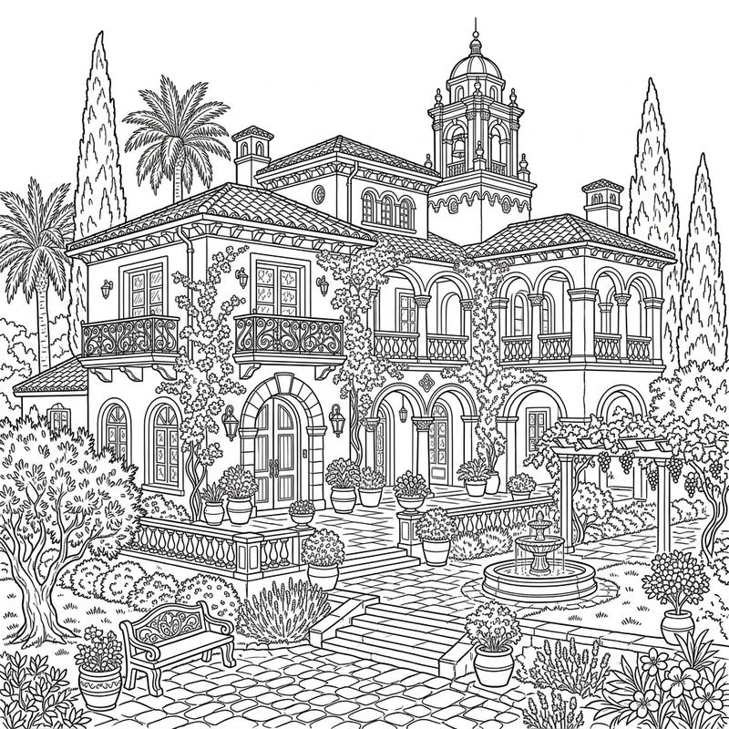 Immerse yourself in the beauty of Mediterranean architecture with this stunning coloring page. Featuring a grand mansion, intricate details, and lush surroundings, it's perfect for a relaxing creative escape.