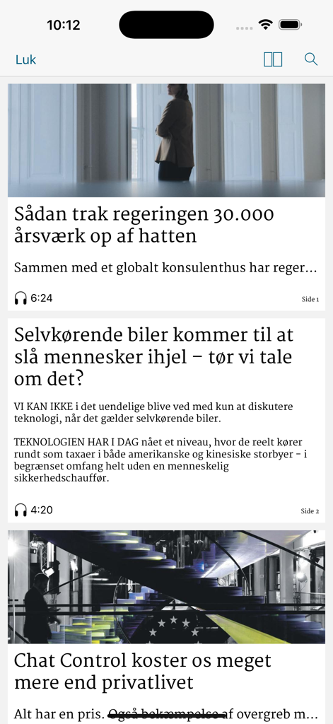 Ingeniøren e-avis - Mobile app interface displaying Danish engineering news articles with audio narration features.