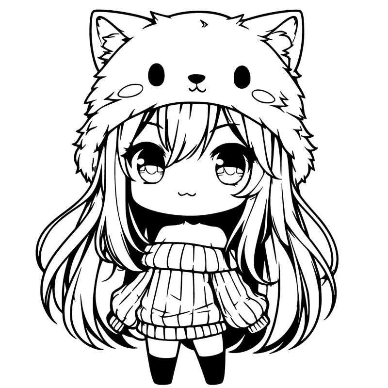 chibi girl with wolf hat, long hair and sweater off shoulders