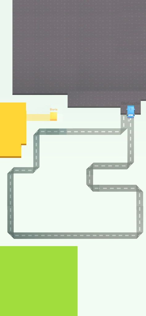 A screenshot of Paper.io gameplay where a player using a blue car skin captures territory by drawing a road trail.