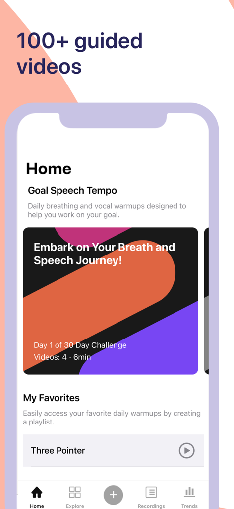 Astound app home screen featuring a library of guided speech videos and a 30 day challenge for voice improvement.