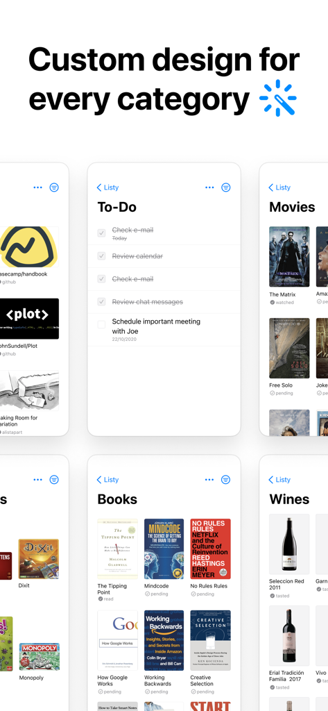 Screenshots of Listy app showing visual organization for movies books tasks and wines