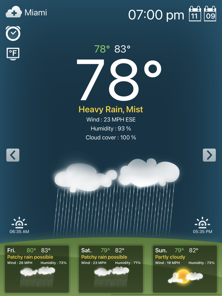 Weather for iPad application displaying current weather and weekly forecast