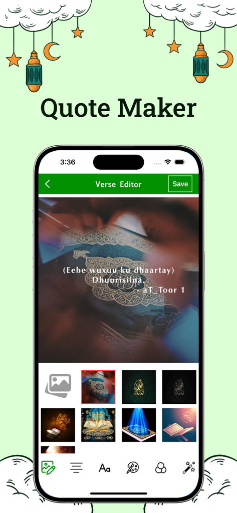 Somali Quran app quote maker showing a verse editor with Somali translation and image background options