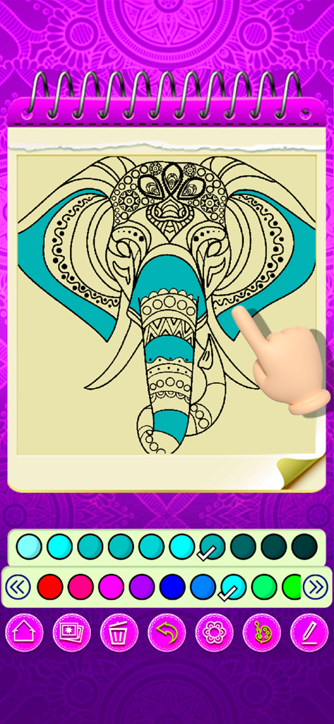 Mandala Coloring 2024 - Digital coloring page of an intricate elephant mandala being colored with shades of blue using a tap to color interface.