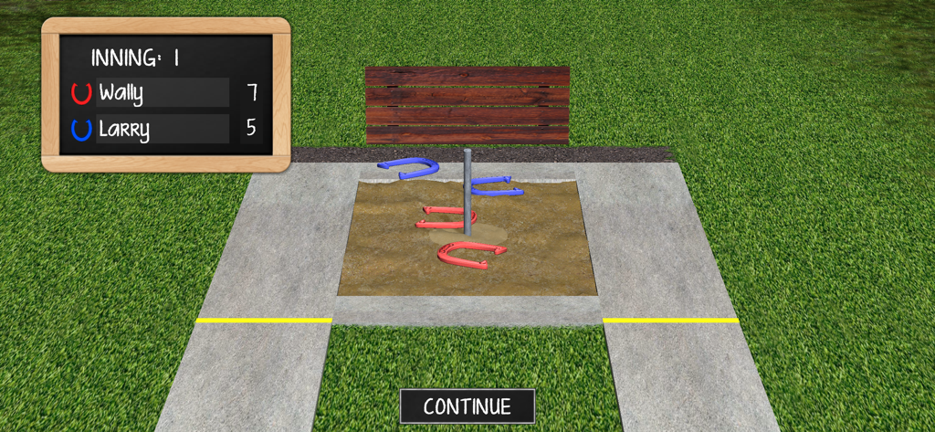 Horseshoe Pitch-A-Rama - Gameplay view of a horseshoe pit and scoreboard in the Horseshoe Pitch-A-Rama app