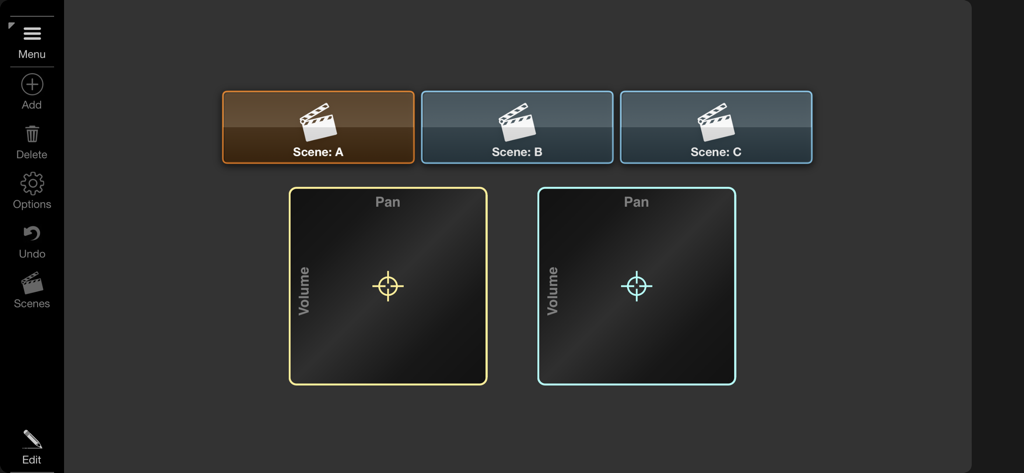 Surface Builder - Custom MIDI controller interface with scene selection buttons and XY-pad controls for volume and pan