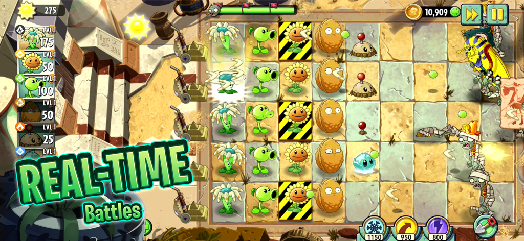 Screenshot di gioco di Plants vs Zombies 2 che mostra una battaglia in tempo reale nell'Antico Egitto con piante che difendono da zombie mummia.