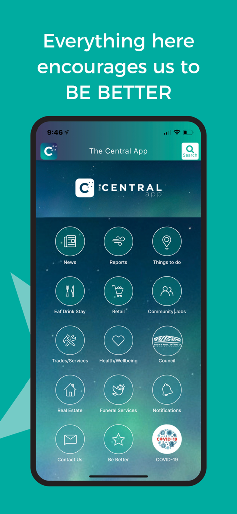 The Central App - 센트럴 오타고의 지역 서비스 아이콘이 있는 The Central App 홈 화면