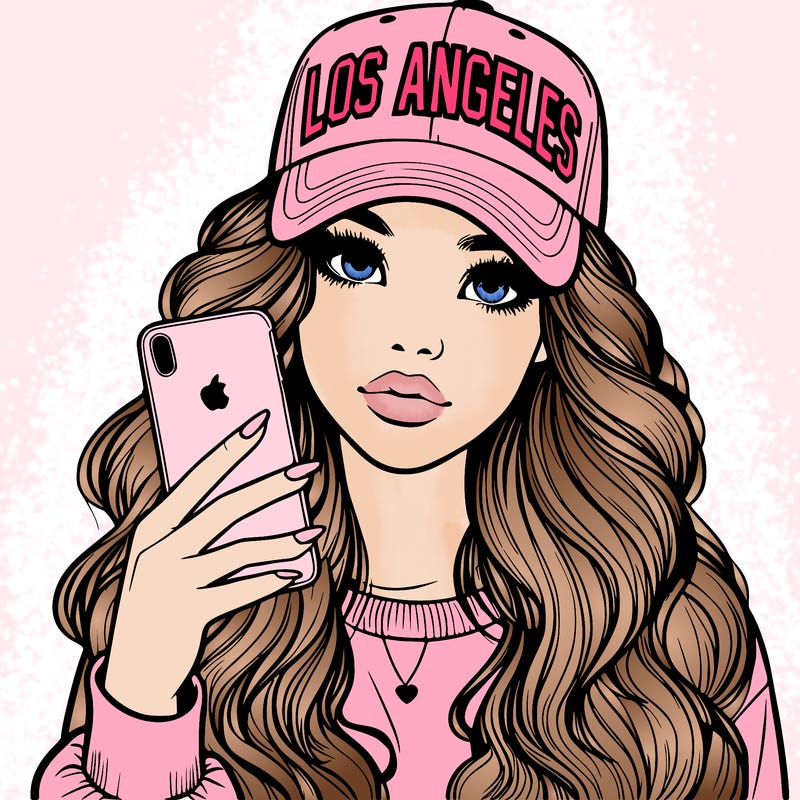 realistic beautiful girl wearing los ángeles cap holding an iphone