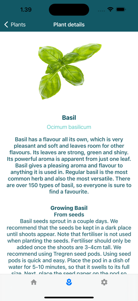 Plant details screen for Basil in the Tregren SmartGardener app including growing instructions and a description.