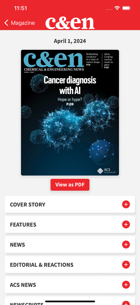 C&EN app interface showing a magazine cover titled Cancer diagnosis with AI and a list of article categories