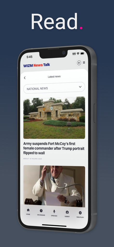 Captura de tela do aplicativo móvel WIZM News Talk mostrando um feed dos artigos de notícias nacionais mais recentes em um iPhone