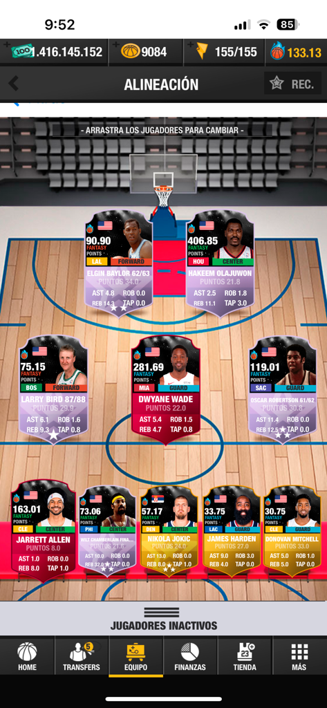 Basketball Game Manager 24 - NBA team roster management screen with player cards showing stats and fantasy points