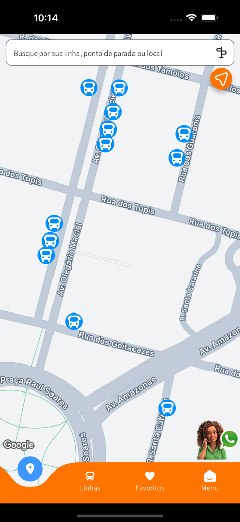 Visualização do mapa do aplicativo Ótimo mostrando localizações de ônibus em tempo real e pontos de trânsito