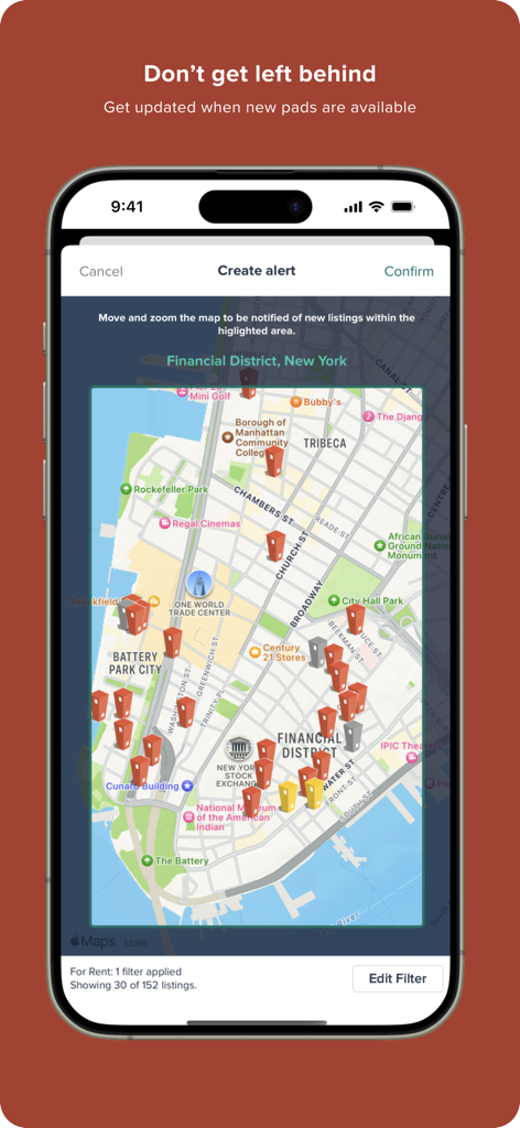 HotPads app interface showing rental search alerts on a map of New York Financial District
