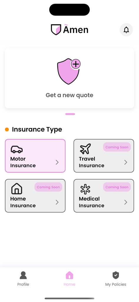 Amen Insurance - Amen Insurance mobile app home screen displaying motor insurance selection and upcoming categories for travel home and medical insurance